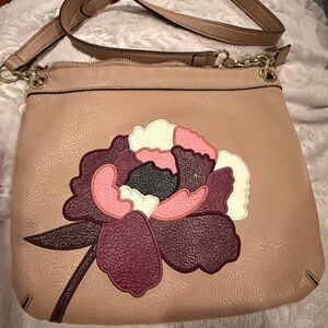 Liz Claiborne Floral Embellished Tan Leather Crossbody Bag